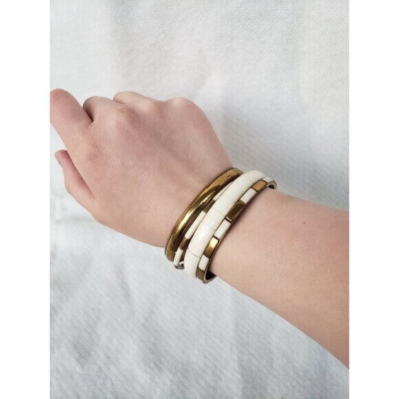 Brass w Bone Inlay Stackable Layering Bangle Bracelet Vintage - Picture 2 of 7